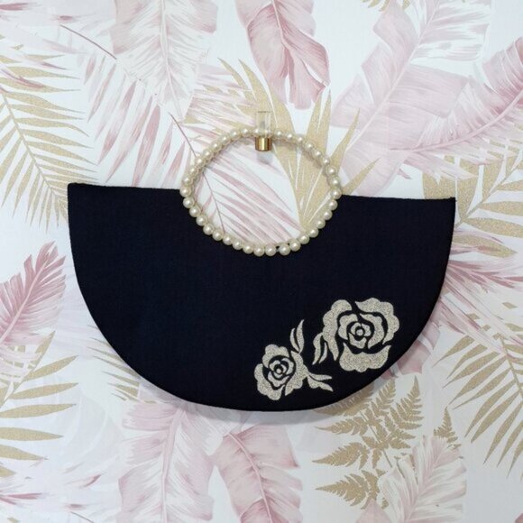 Shiraleah Handbags - EUC Shiraleah black crescent shaped handbag w  faux pearl handles and embroidery